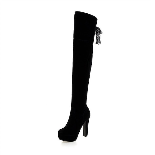 

Women's Boots Daily Over The Knee Boots Winter Bowknot Chunky Heel Round Toe Minimalism Nubuck Zipper Solid Colored Black Light Red