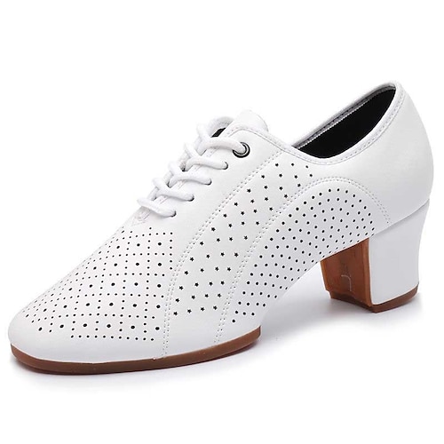 

Women's Latin Shoes Practice Trainning Dance Shoes Performance Ballroom Dance Party Collections Fashion Hollow-out Thick Heel Square Toe Lace-up Adults' White