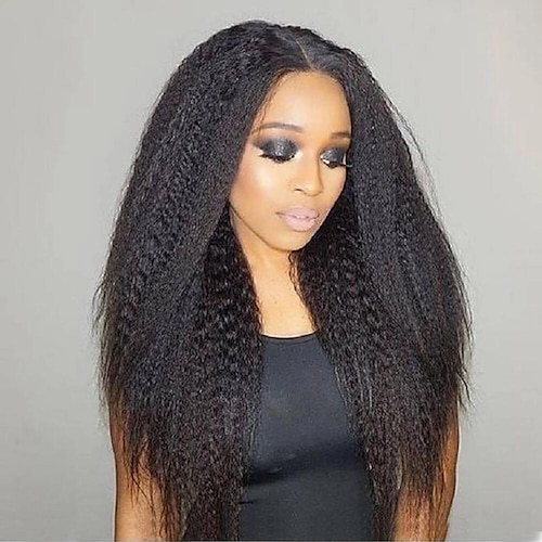 

Yaki Kinky Straight Lace Front Human Hair Wig Corse Yaki Straight 13x6 Pre Plucked Human Hair Wig 12-26 Lace Frontal Wig Middle Part Free Part Brazilian Hair kinky Straight Black Wig 150% Density