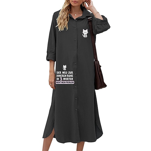 

Women's Shift Dress Midi Dress Black 3/4 Length Sleeve Cat Letter Animal Button Print Fall Spring Shirt Collar Casual Fashion 2022 S M L XL XXL 3XL