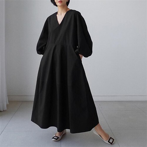 

Women's Swing Dress Maxi long Dress Black Purple Khaki Long Sleeve Pure Color Ruched Spring Summer V Neck Casual Puff Sleeve 2022 S M L XL XXL 3XL 4XL 5XL