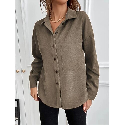 

Women's Blouse Shirt Army Green Orange Gray Plain Button Pocket Long Sleeve Streetwear Casual Shirt Collar Regular S