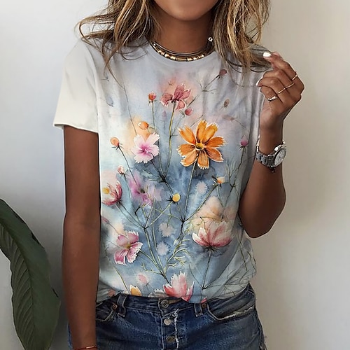 

Women's T shirt Tee Gray Floral Print Short Sleeve Casual Holiday Basic Round Neck Regular Floral Painting S / 3D Print