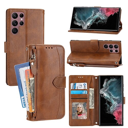 

Phone Case For Samsung Galaxy Wallet Card A73 A53 A33 S22 S21 Ultra Plus Zipper with Wrist Strap Card Holder Slots Solid Colored TPU PU Leather
