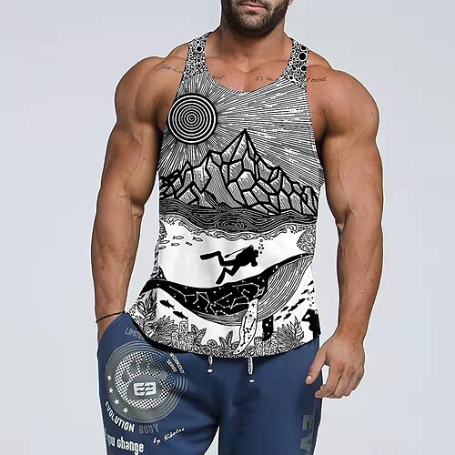 

Men's Tank Top Vest 3D Print Graphic Patterned Mountain Crew Neck Street Casual Print Sleeveless Tops Basic Fashion Classic Comfortable Gray / Summer