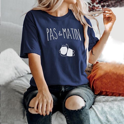 

Women's T shirt Tee Army Green Red Navy Blue Panda Text Print Short Sleeve Casual Weekend Basic Round Neck Regular Cotton Painting S