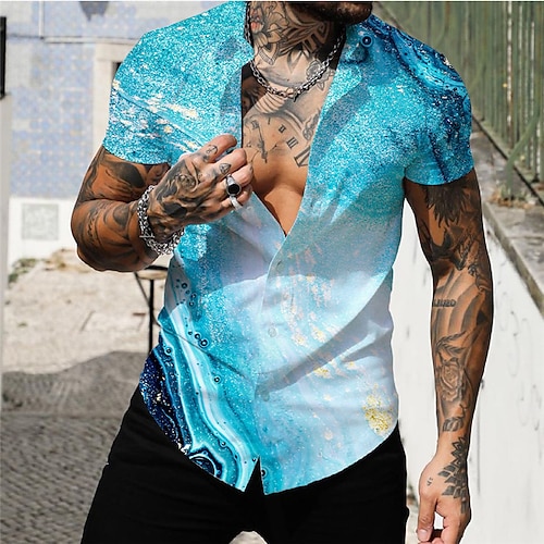 

Men's Shirt 3D Print Gradient Turndown Street Daily Button-Down Print Short Sleeve Tops Casual Fashion Breathable Comfortable Blue / Beach