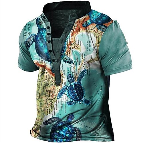 

Men's T shirt Tee Henley Shirt Tee Graphic Map Stand Collar Blue Purple Yellow Light Blue Gray 3D Print Plus Size Outdoor Daily Short Sleeve Button-Down Print Clothing Apparel Basic Designer Casual