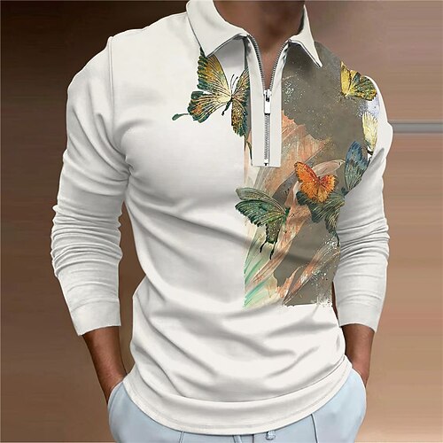 

Men's Collar Polo Shirt Golf Shirt Animal Butterfly Turndown Beige 3D Print Outdoor Street Long Sleeve Zipper Print Clothing Apparel Fashion Designer Casual Breathable / Summer / Spring / Summer