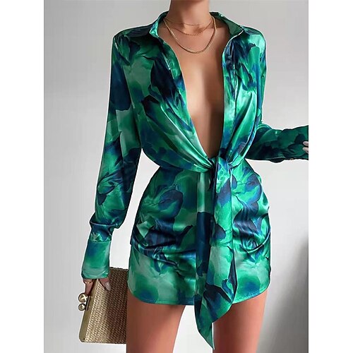 

Women's Shirt Dress Bodycon Sheath Dress Green Blue Fuchsia Long Sleeve Floral Lace up Winter Fall Spring Shirt Collar Fashion Winter Dress Weekend Fall Dress 2022 S M L XL XXL 3XL