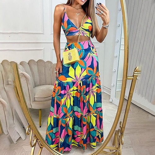 

Women's A Line Dress Maxi long Dress Blue Pink Orange Short Sleeve Floral Backless Ruffle Cold Shoulder Spring Summer Spaghetti Strap Stylish Casual 2022 S M L XL XXL 3XL