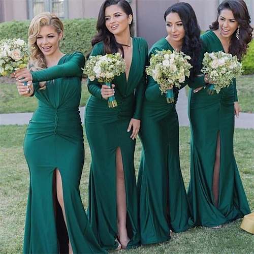 

Mermaid / Trumpet Bridesmaid Dress V Neck Long Sleeve Elegant Floor Length Spandex with Split Front / Ruching 2022