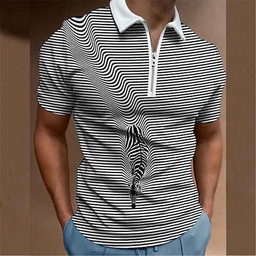 

Men's Collar Polo Shirt Golf Shirt Graphic Zebra Turndown Gray 3D Print Street Casual Short Sleeve Zipper Clothing Apparel Designer Breathable Comfortable Big and Tall / Beach