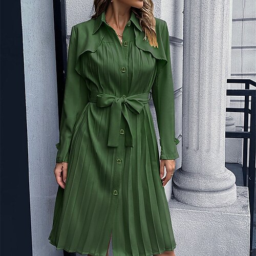 

Women's A Line Dress Short Mini Dress Green Black Red Beige Long Sleeve Pure Color Lace up Pleated Button Fall Spring Shirt Collar Elegant Fashion 2022 S M L XL XXL