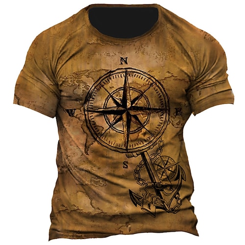 

Men's Unisex T shirt Tee 3D Print Graphic Prints Compass Crew Neck Street Daily Patchwork Print Short Sleeve Tops Casual Classic Big and Tall Sports Brown / Summer