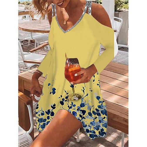 

Women's A Line Dress Short Mini Dress Green White Blue Pink Yellow 3/4 Length Sleeve Floral Sequins Cold Shoulder Print Fall Spring Spaghetti Strap Casual Fashion 2022 S M L XL XXL 3XL