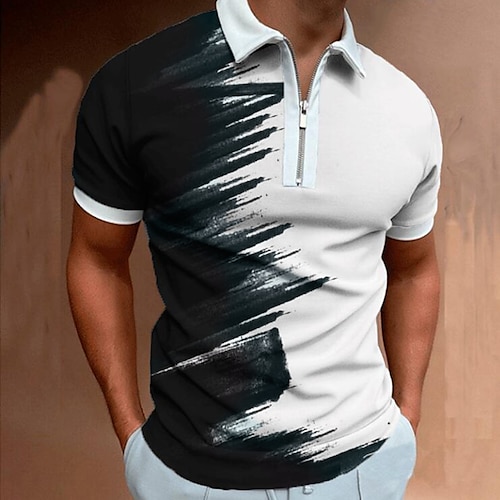 

Men's Golf Shirt Other Prints Camouflage Color Block Classic Collar Street Casual Zipper Patchwork Short Sleeve Tops Casual Fashion Classic Streetwear Black / White Summer Shirts