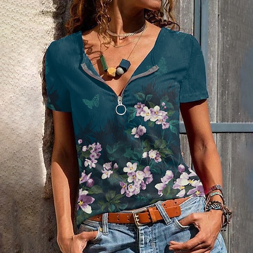 

Women's T shirt Tee Floral Casual Weekend Floral Painting T shirt Tee Short Sleeve Quarter Zip Print V Neck Basic Essential Green S / 3D Print