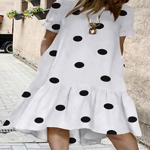 

Women's PolkaDotDress Knee Length Dress White Black Yellow Short Sleeve Polka Dot Pocket Print Spring Summer Round Neck Casual 2022 S M L XL XXL 3XL