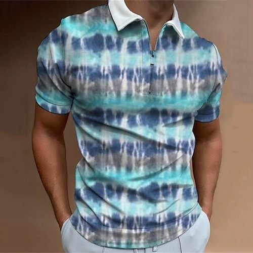 

Men's Collar Polo Shirt Golf Shirt Tie Dye Turndown Blue-Green 3D Print Street Daily Short Sleeve Zipper 3D Clothing Apparel Fashion Casual Breathable Comfortable / Beach
