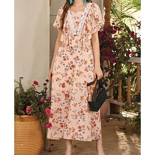 

Women's Sheath Dress Maxi long Dress Pink Short Sleeve Floral Patchwork Print Summer Square Neck Fashion Modern 2022 S M L XL