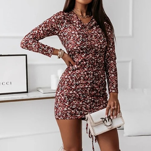 

Women's A Line Dress Short Mini Dress Green Blue Red Brown Long Sleeve Floral Ruched Lace up Print Spring Summer V Neck Stylish Casual 2022 S M L XL XXL 3XL