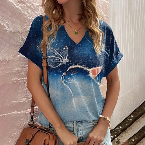 

Women's Cat Butterfly Casual Holiday Weekend Cat Butterfly Painting T shirt Tee Short Sleeve Print V Neck Basic Essential Tops Blue S / 3D Print