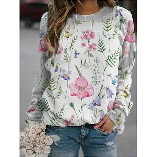 

Women's Sweatshirt Pullover Sportswear Casual Patchwork Print Pink Flower Loose Fit Casual Round Neck Long Sleeve S M L XL XXL / 3D Print