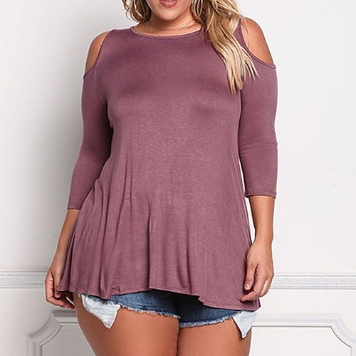 

Women's Plus Size Tops Blouse Shirt Plain Cut Out 3/4 Length Sleeve Crewneck Basic Essential Streetwear Daily Going out Cotton Spring Summer Fuchsia