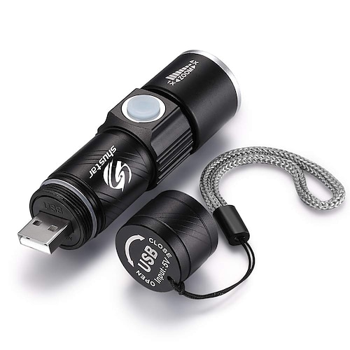  Super bright Rechargeable LED Flashlight With Tail USB Charging Head Zoomable waterproof Torch Portable light 3 Lighting modes Built-in battery
