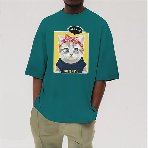 

Men's T shirt Tee Hot Stamping Cat Letter Round Neck Casual Daily Print Short Sleeve Tops Simple Basic Green Blue / Summer / Summer