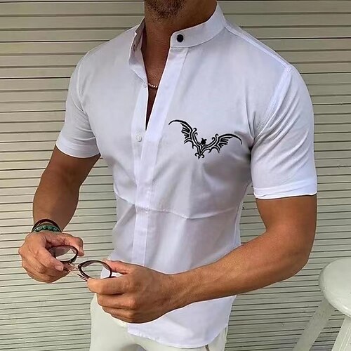 

Men's Shirt Solid Color Bat Standing Collar Street Casual Button-Down Print Half Sleeve Tops Designer Casual Fashion Breathable A B White / Summer