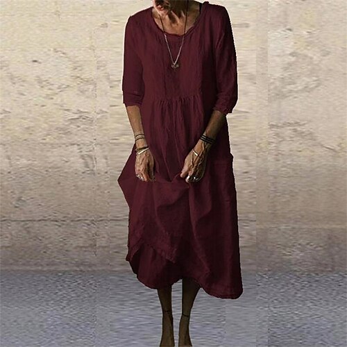 

Women's T Shirt Dress Tee Dress Midi Dress Wine Half Sleeve Pure Color Ruched Fall Winter Round Neck Casual 2022 S M L XL XXL 3XL 4XL 5XL
