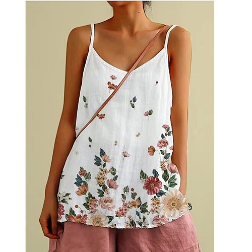 

Women's Tank Top Floral Tank Top Sleeveless Patchwork Print V Neck Casual Beach White S / 3D Print