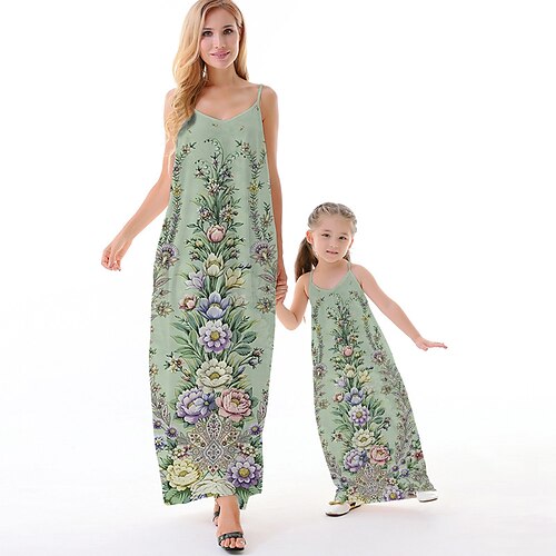 

Maman et moi Robes Floral Casual Dos Nu Vert Sans Manches Maxi Robe à Bretelles Actif Tenues assorties