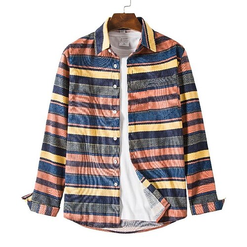 

Men's Shirt Overshirt Corduroy Shirt Striped Lapel Collar Casual Daily Street Outdoor Thin Outwear Long Sleeve Tops Vintage Retro red Blue Pink Comfortable Winter Fall Spring