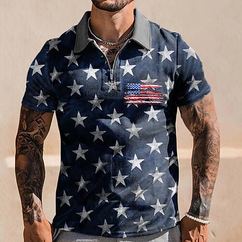 

Men's Collar Polo Shirt Golf Shirt Flag Turndown Navy Blue 3D Print Street Daily Short Sleeve Zipper 3D Clothing Apparel Fashion Casual Breathable Comfortable / Beach