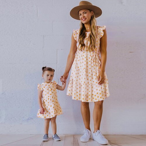 

Mommy and Me Dresses Star Daily White Short Sleeve Above Knee Active Matching Outfits