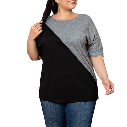 

Women's Plus Size Tops T shirt Tee Plain Patchwork Half Sleeve Round Neck Basic Essential Daily Vacation Polyester Summer Gray