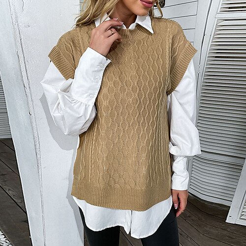 

Women's Sweater Vest Jumper Cable Knit Knitted Pure Color Crew Neck Stylish Casual Daily Holiday Fall Winter Khaki S M L / Sleeveless