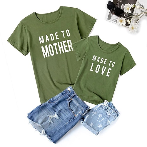

Mommy and Me T shirt Tops Letter Daily Print Black Gray Pink Short Sleeve Basic Matching Outfits