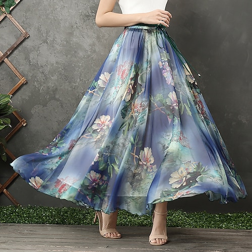 

Women's Fashion Swing Skirts Performance Holiday Chiffon Floral Layered Black Blue Red One-Size / Maxi / Loose / Print