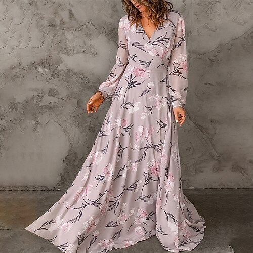

Women's A Line Dress Maxi long Dress Pink Long Sleeve Floral Split Chiffon Print Fall Spring V Neck Stylish Elegant Lantern Sleeve 2022 S M L XL 2XL