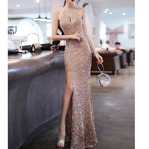 

Mermaid / Trumpet Bridesmaid Dress Halter Neck Sleeveless Sparkle & Shine Floor Length Sequined with Sequin 2022