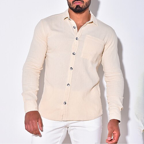 

Men's Shirt Solid Color Turndown Street Daily Button-Down Long Sleeve Tops Casual Fashion Comfortable Beige / Beach