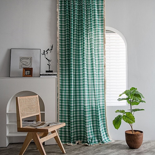 

Boho Style Semi-Blackout Window Curtains 1 Panel Farmhouse Style Cotton Linen Darkening Curtains with Tassels Rod Pocket Window Drapes for Living Room Bedroom