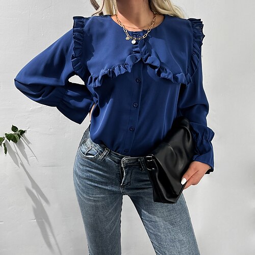 

Women's Blouse Plain Daily Weekend Blouse Shirt Long Sleeve Ruffle Button Round Neck Casual Streetwear Blue S