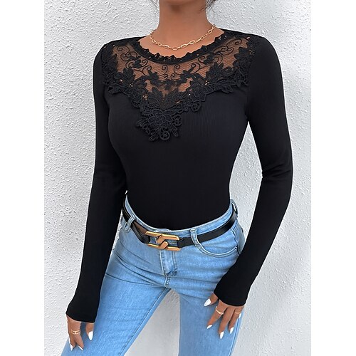 

Women's Shirt Plain Daily Weekend Shirt Long Sleeve Lace Patchwork Round Neck Casual Streetwear Black S