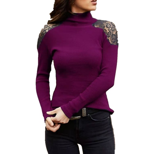 

Women's Blouse Shirt Green Blue Purple Color Block Lace Patchwork Long Sleeve Daily Weekend Streetwear Casual High Neck Regular S / Cut Out