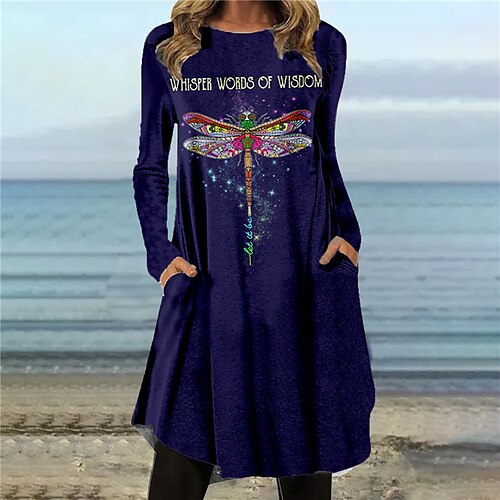 

Women's Shift Dress Knee Length Dress Navy Blue Long Sleeve Print Letter Animal Pocket Print Fall Spring Crew Neck Casual Vacation 2022 S M L XL XXL 3XL